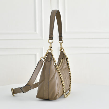 Women’s Quilted Leather Bag - Gold Chain Shoulder & Convertible Crossbody Purse