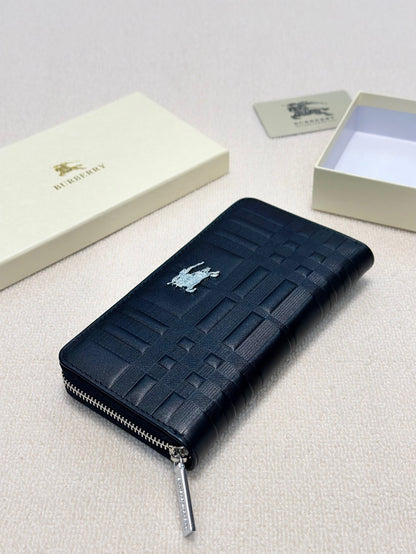 Men’s Leather Continental Zip Clutch - Textured Check Pattern Organizer Wallet