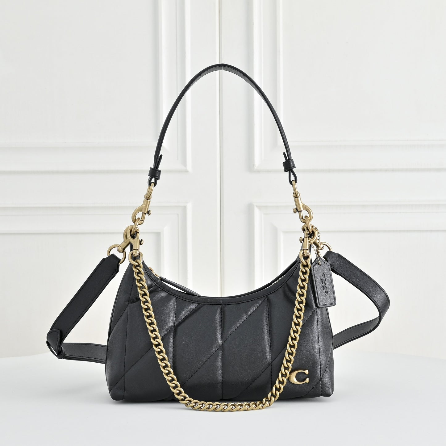 Women’s Quilted Leather Bag - Gold Chain Shoulder & Convertible Crossbody Purse