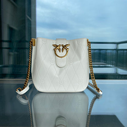 Women’s Embossed Leather Bucket Bag - Gold Chain Shoulder & Crossbody Bag