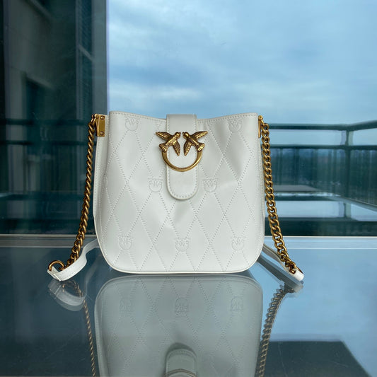 Women’s Embossed Leather Bucket Bag - Gold Chain Shoulder & Crossbody Bag