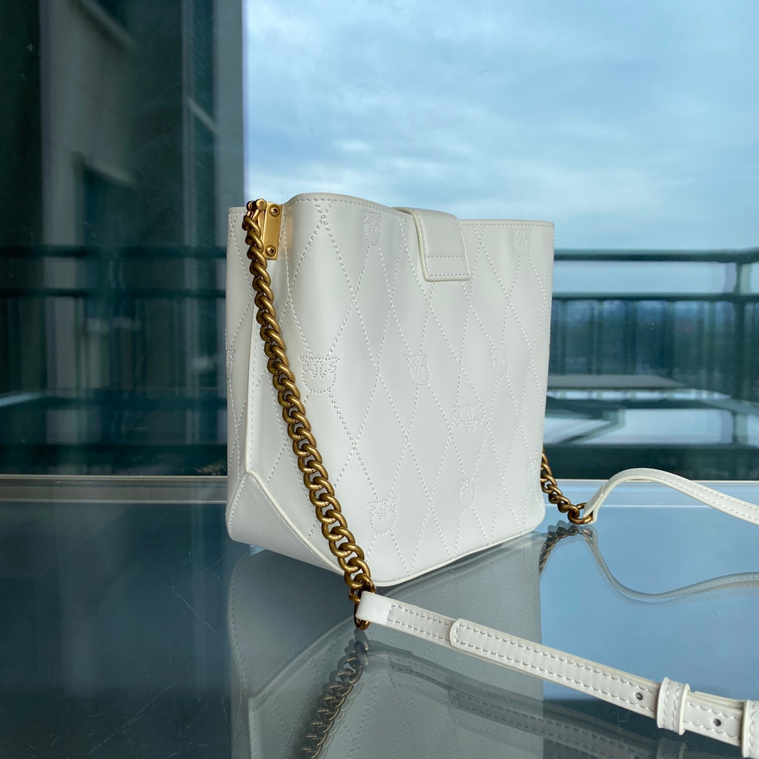 Women’s Embossed Leather Bucket Bag - Gold Chain Shoulder & Crossbody Bag