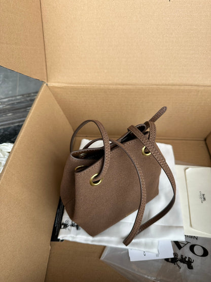 Casual Women's Drawstring Shoulder Purse - Compact Suede Mini Bucket Bag