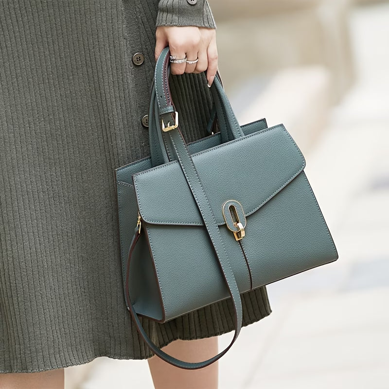 Genuine Leather Handbag for Women, Adjustable Strap, Golden-Tone Hardware & Decorative Buckle