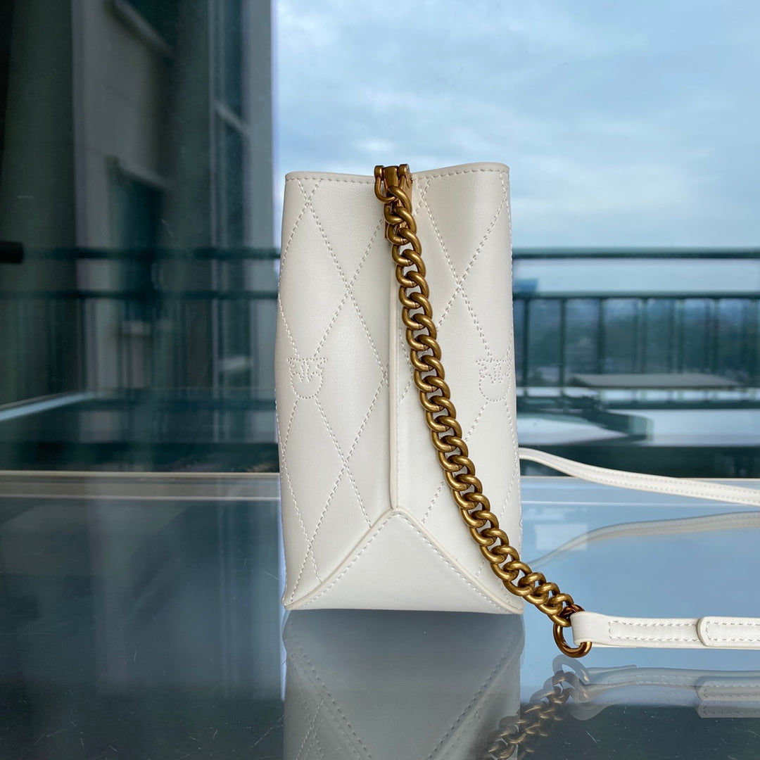 Women’s Embossed Leather Bucket Bag - Gold Chain Shoulder & Crossbody Bag