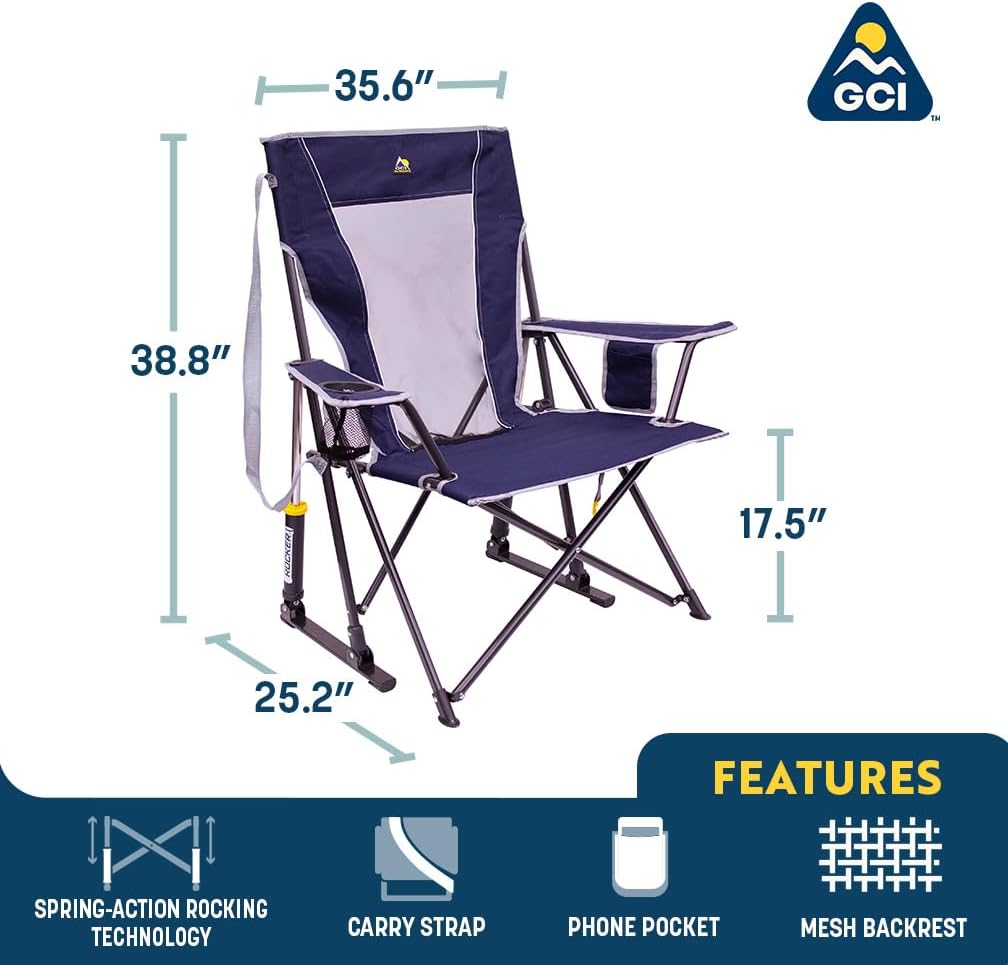 GCI Outdoor Comfort Pro Rocker Portable Folding Camp Chair – Spring-Action Rocking, Cooling Mesh Back, Cup Holder & Carry Strap (300 lb Capacity)