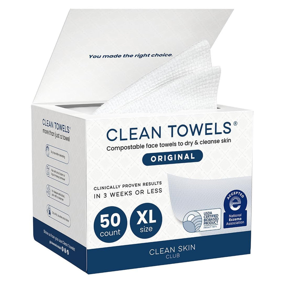 Clean Skin Club Clean Towels XL – 100% USDA Biobased Disposable Face Towels for Acne-Prone & Sensitive Skin – Biodegradable, Lint-Free, Extra Absorbent (50 Count)
