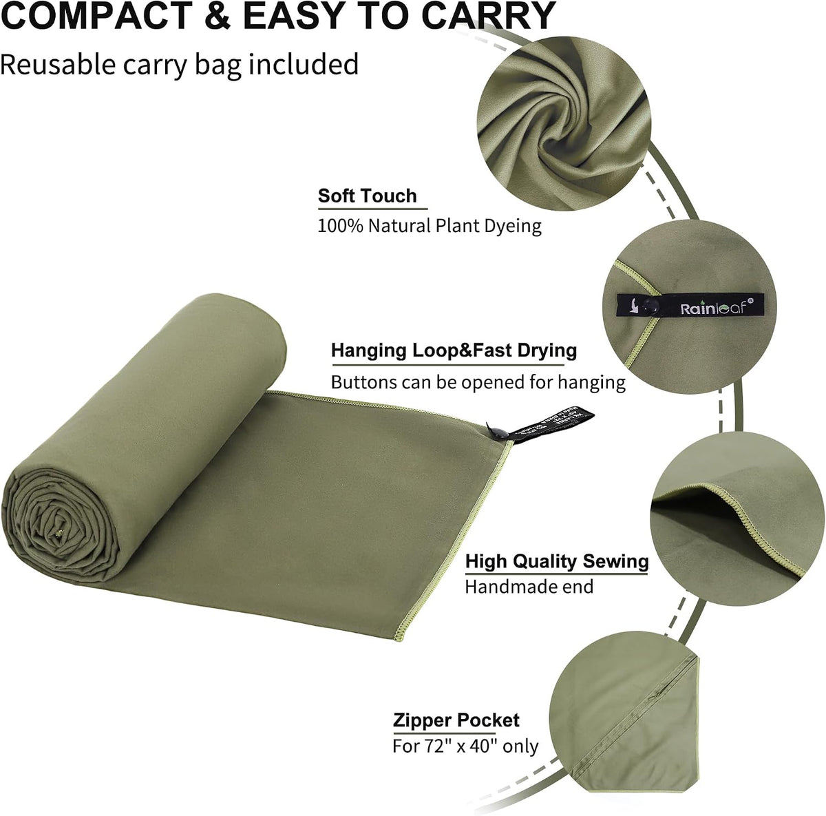 Rainleaf Microfiber Fast Drying Travel Towel – Ultra Absorbent, Sand-Free Quick Dry Towel for Camping, Gym, Beach & Backpacking with Zip Pocket & Carry Bag