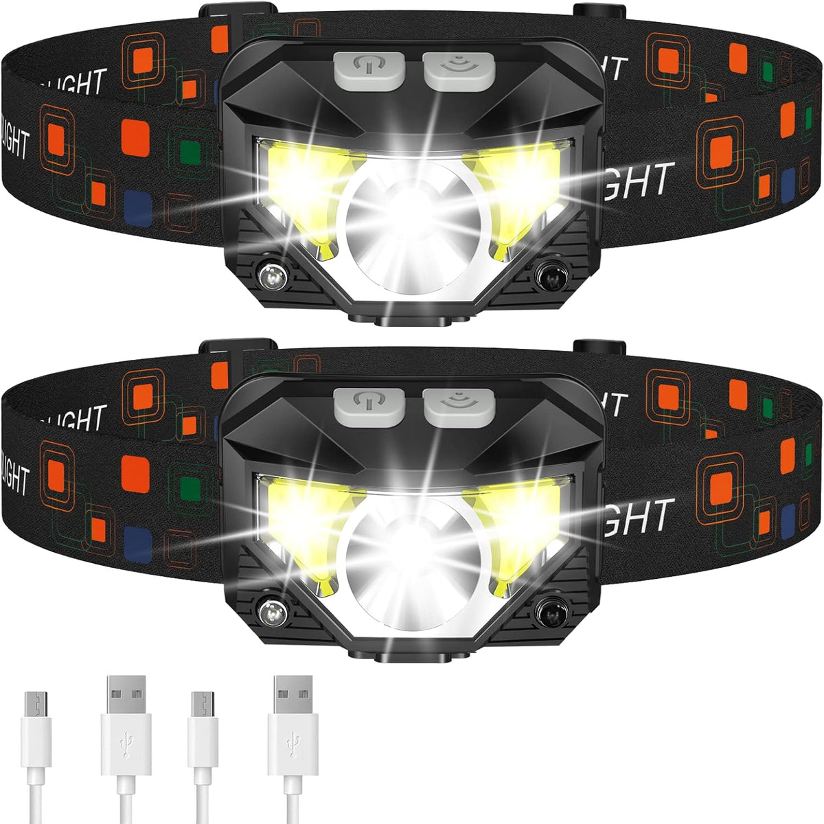 LHKNL 1200 Lumen Rechargeable LED Headlamp 2-Pack – Motion Sensor Head Light with 8 Modes, Red SOS & IPX4 Waterproof for Running, Camping & Emergencies