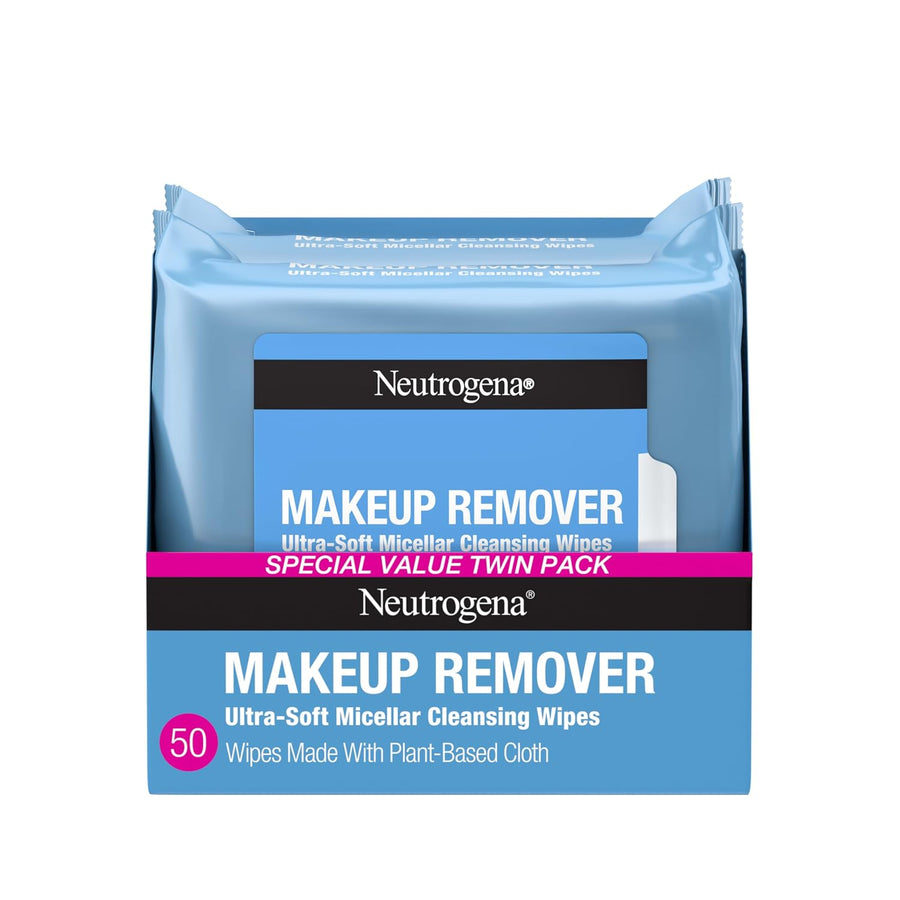 Neutrogena Fragrance-Free Makeup Remover Cleansing Wipes – Ultra Soft Micellar Towelettes for Waterproof Mascara, Dirt & Oil – Alcohol-Free & Ophthalmologist Tested (Twin Pack, 50 Wipes)