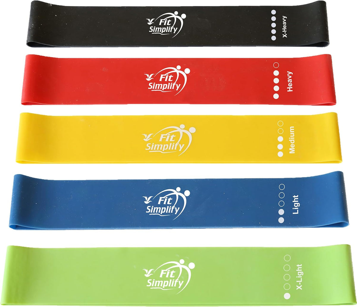 Fit Simplify Resistance Loop Exercise Bands Set of 5 – 100% Natural Latex Workout Bands for Glutes, Legs, Physical Therapy & Yoga with Carry Bag