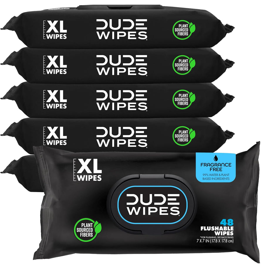 DUDE Wipes Flushable Wet Wipes – Extra Large Unscented Butt Wipes with Vitamin E & Aloe Vera – Septic Safe, Plant-Based Fibers (3-Pack, 144 Wipes)