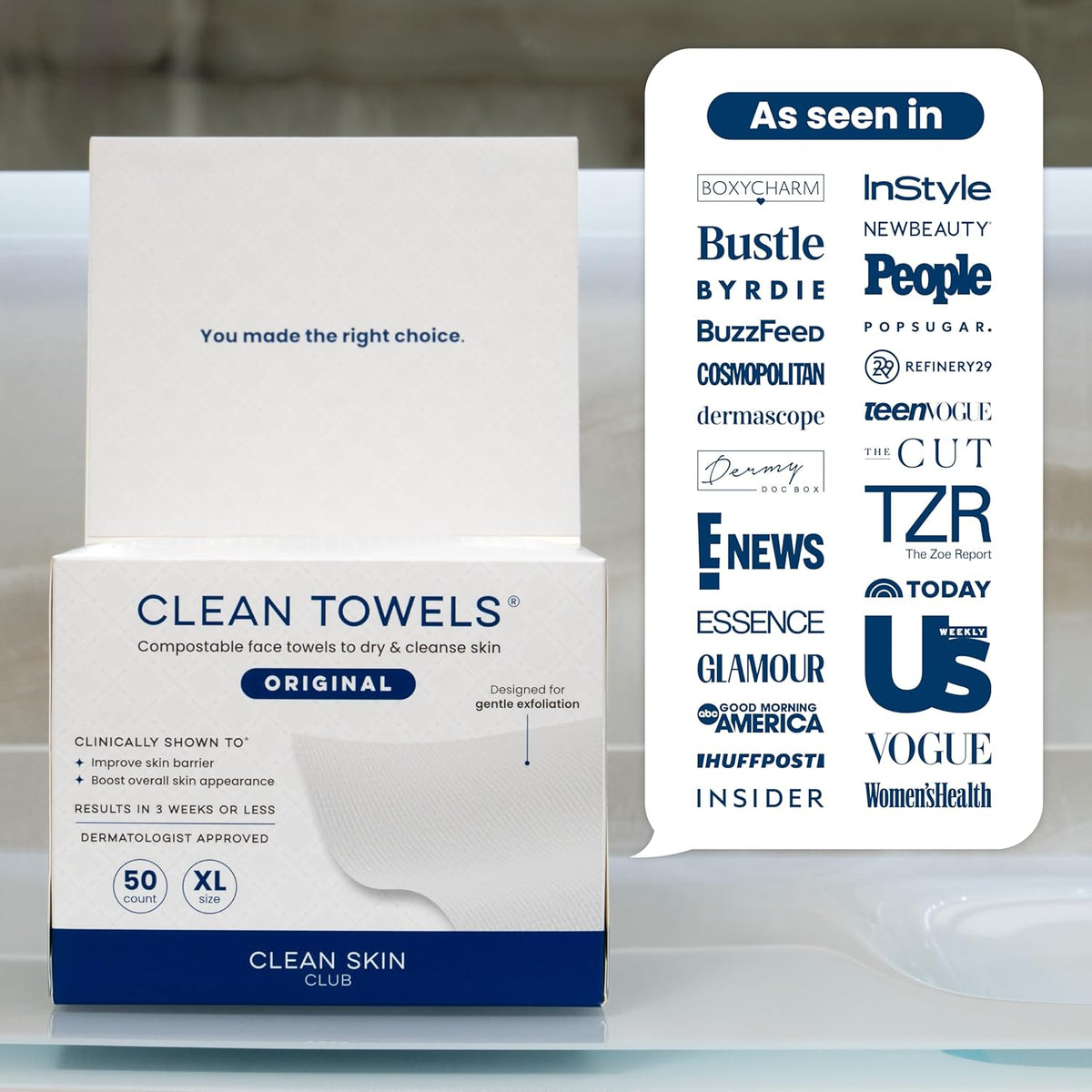 Clean Skin Club Clean Towels XL – 100% USDA Biobased Disposable Face Towels for Acne-Prone & Sensitive Skin – Biodegradable, Lint-Free, Extra Absorbent (50 Count)