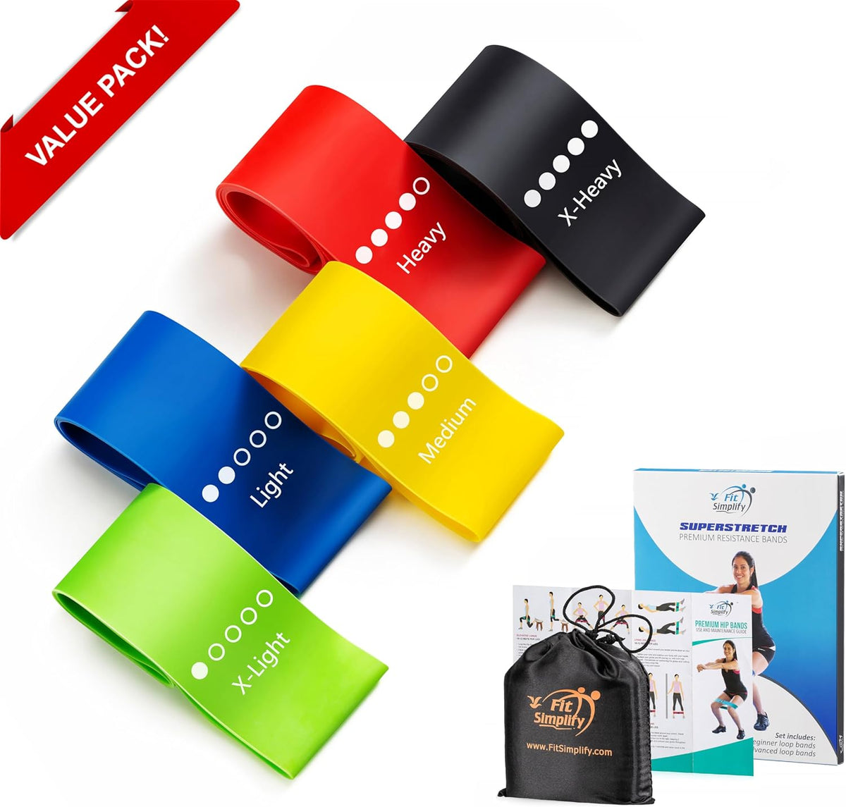 Fit Simplify Resistance Loop Exercise Bands Set of 5 – 100% Natural Latex Workout Bands for Glutes, Legs, Physical Therapy & Yoga with Carry Bag