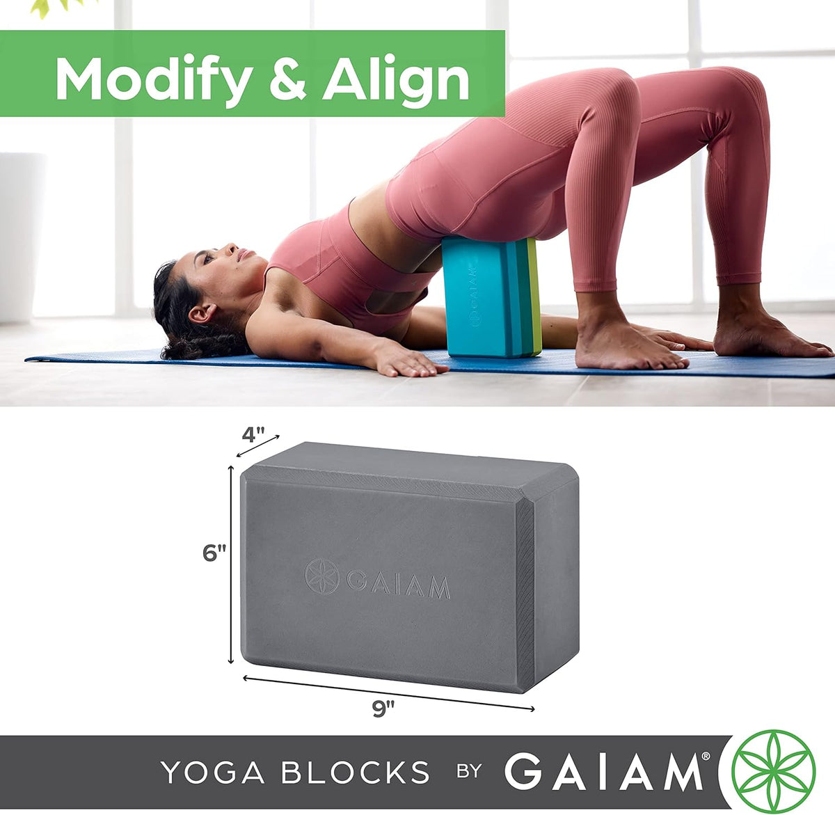 Gaiam Essentials High-Density EVA Foam Yoga Block 2-Pack – Non-Slip Supportive Bricks for Yoga, Pilates & Stretching (9x6x4 inch)