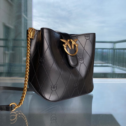 Women’s Embossed Leather Bucket Bag - Gold Chain Shoulder & Crossbody Bag