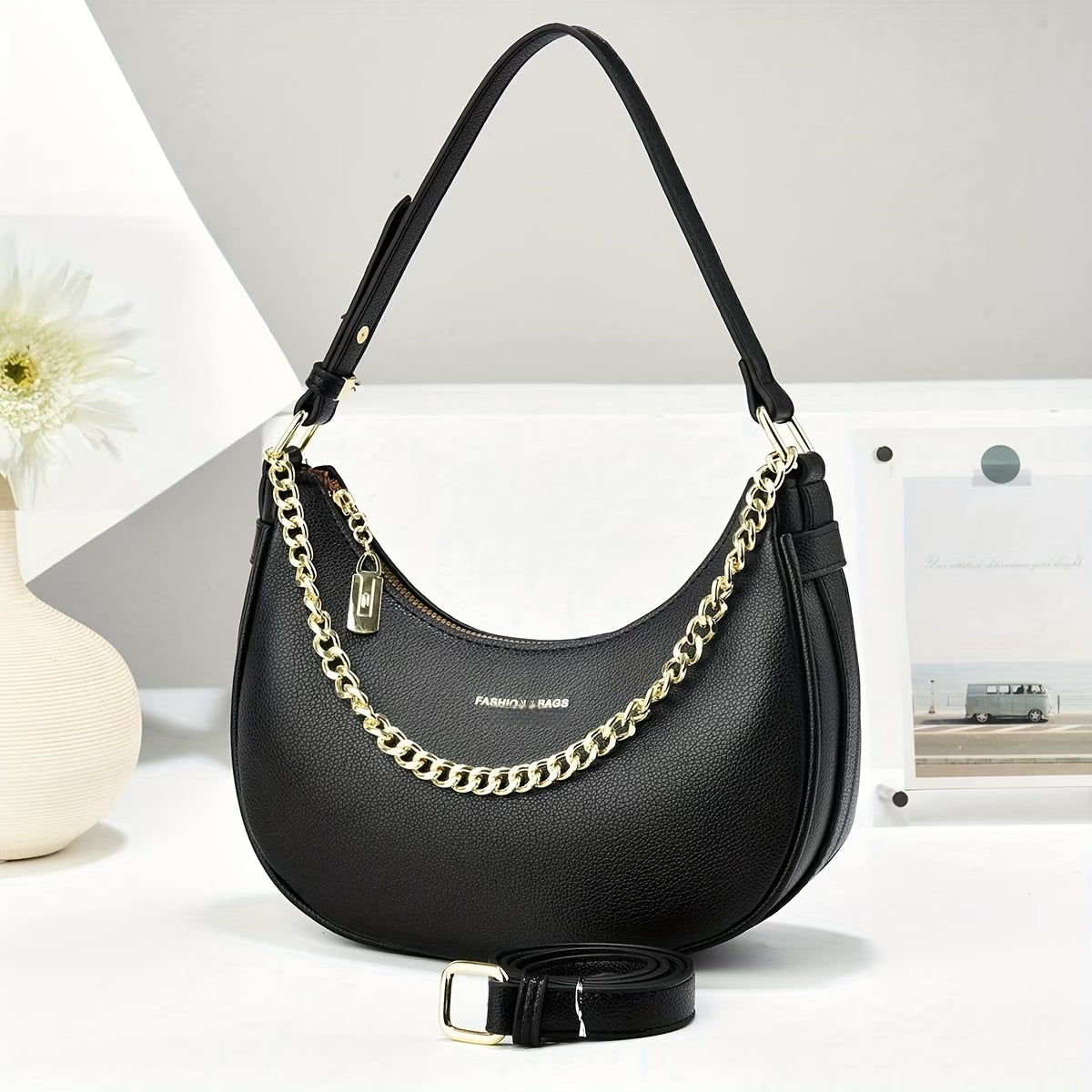 Crescent Moon Handbag with Chain Accents - Adjustable /Handbag Strap, High Quality, Zipper Closure, Multi-Color Options for Work