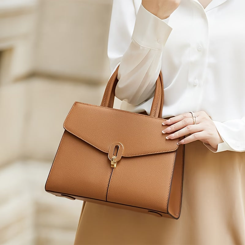 Genuine Leather Handbag for Women, Adjustable Strap, Golden-Tone Hardware & Decorative Buckle
