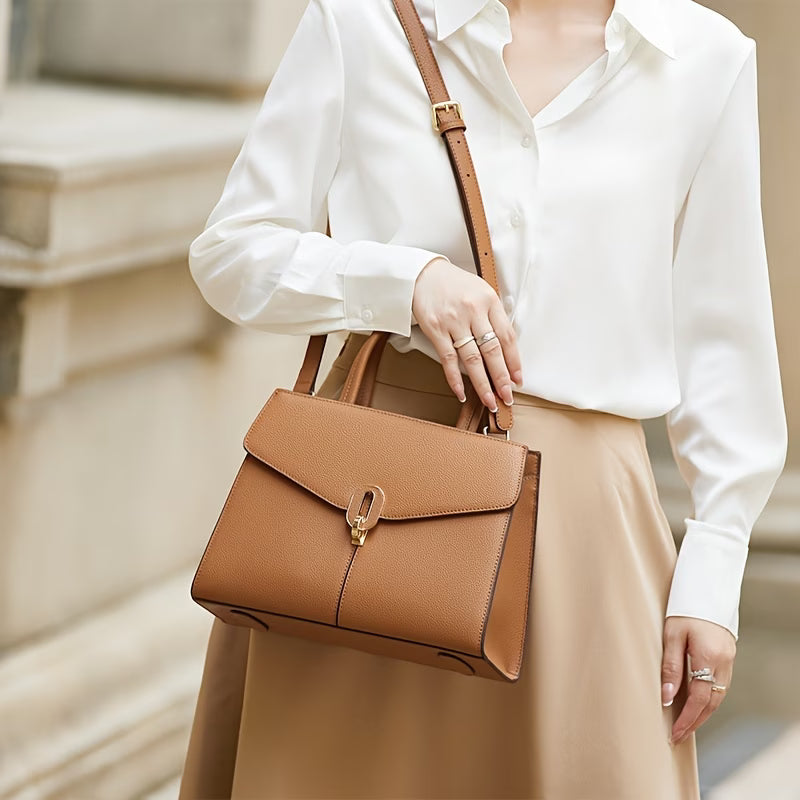Genuine Leather Handbag for Women, Adjustable Strap, Golden-Tone Hardware & Decorative Buckle