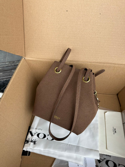 Casual Women's Drawstring Shoulder Purse - Compact Suede Mini Bucket Bag