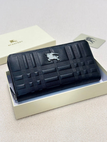 Men’s Leather Continental Zip Clutch - Textured Check Pattern Organizer Wallet