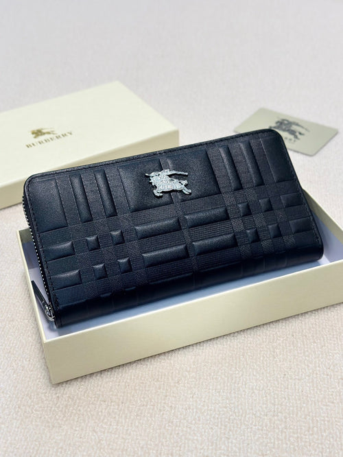Men’s Leather Continental Zip Clutch - Textured Check Pattern Organizer Wallet