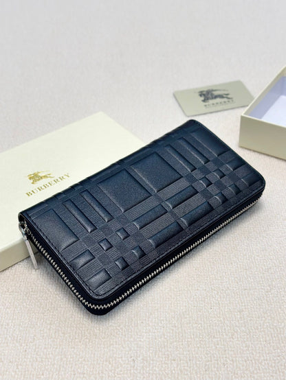 Men’s Leather Continental Zip Clutch - Textured Check Pattern Organizer Wallet
