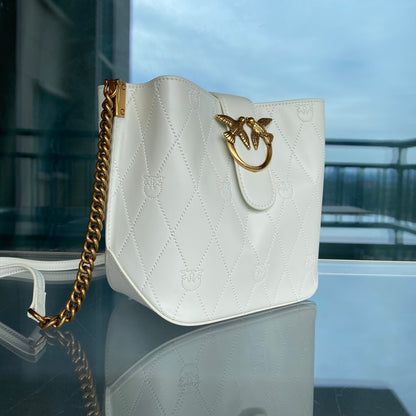 Women’s Embossed Leather Bucket Bag - Gold Chain Shoulder & Crossbody Bag