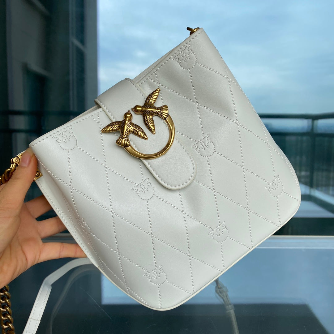 Women’s Embossed Leather Bucket Bag - Gold Chain Shoulder & Crossbody Bag