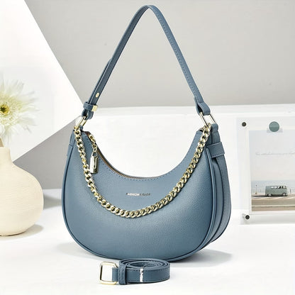 Crescent Moon Handbag with Chain Accents - Adjustable /Handbag Strap, High Quality, Zipper Closure, Multi-Color Options for Work