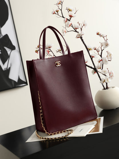 Women’s Vertical Leather Tote Bag - Gold Chain Handle Top-Handle Shoulder Purse