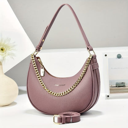 Crescent Moon Handbag with Chain Accents - Adjustable /Handbag Strap, High Quality, Zipper Closure, Multi-Color Options for Work