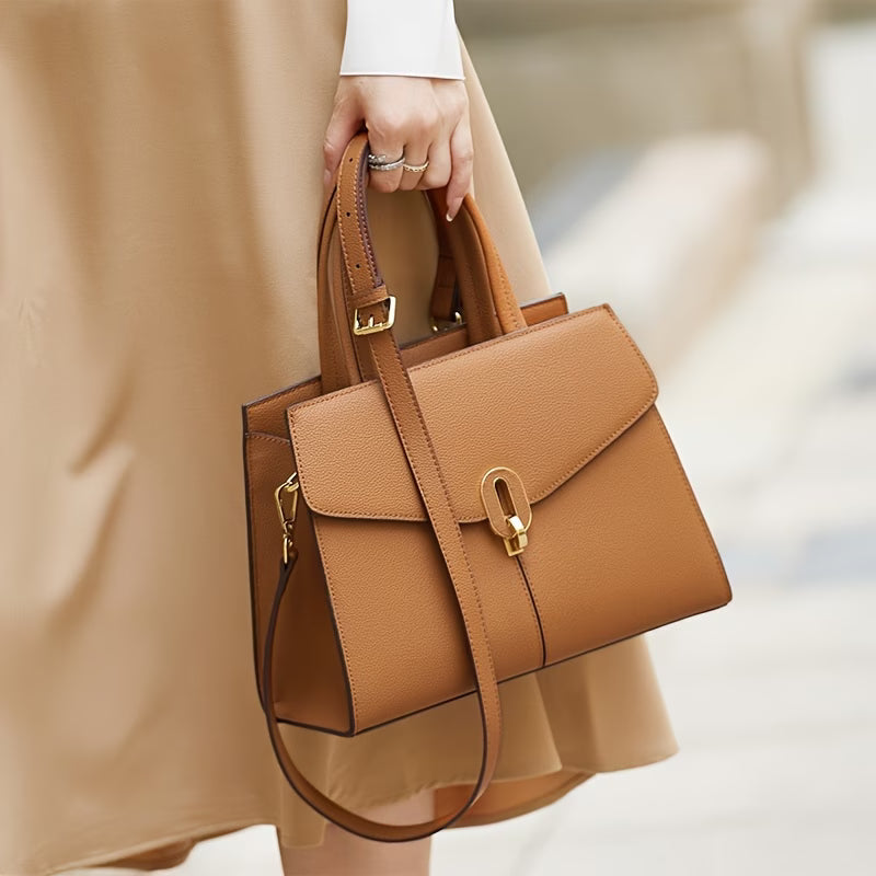 Genuine Leather Handbag for Women, Adjustable Strap, Golden-Tone Hardware & Decorative Buckle