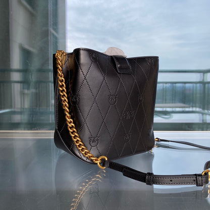 Women’s Embossed Leather Bucket Bag - Gold Chain Shoulder & Crossbody Bag