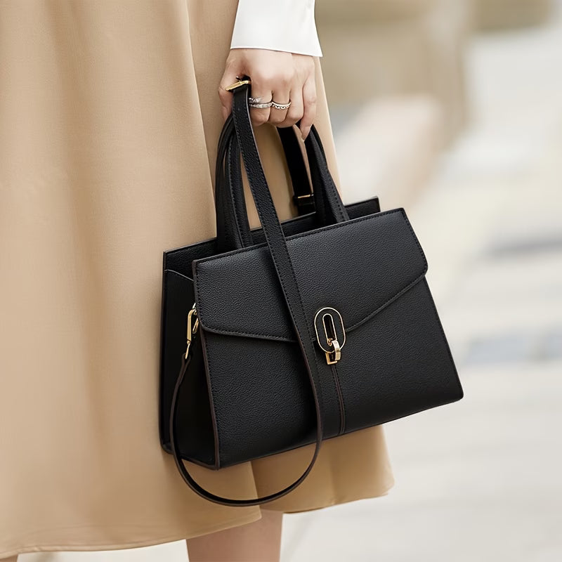 Genuine Leather Handbag for Women, Adjustable Strap, Golden-Tone Hardware & Decorative Buckle
